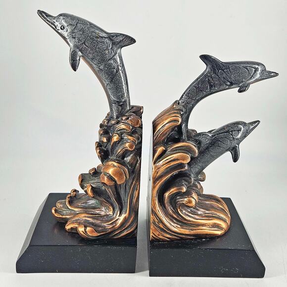 Vintage Pair Of copper Dolphin dolphins riding waves Bookends - Picture 1 of 4